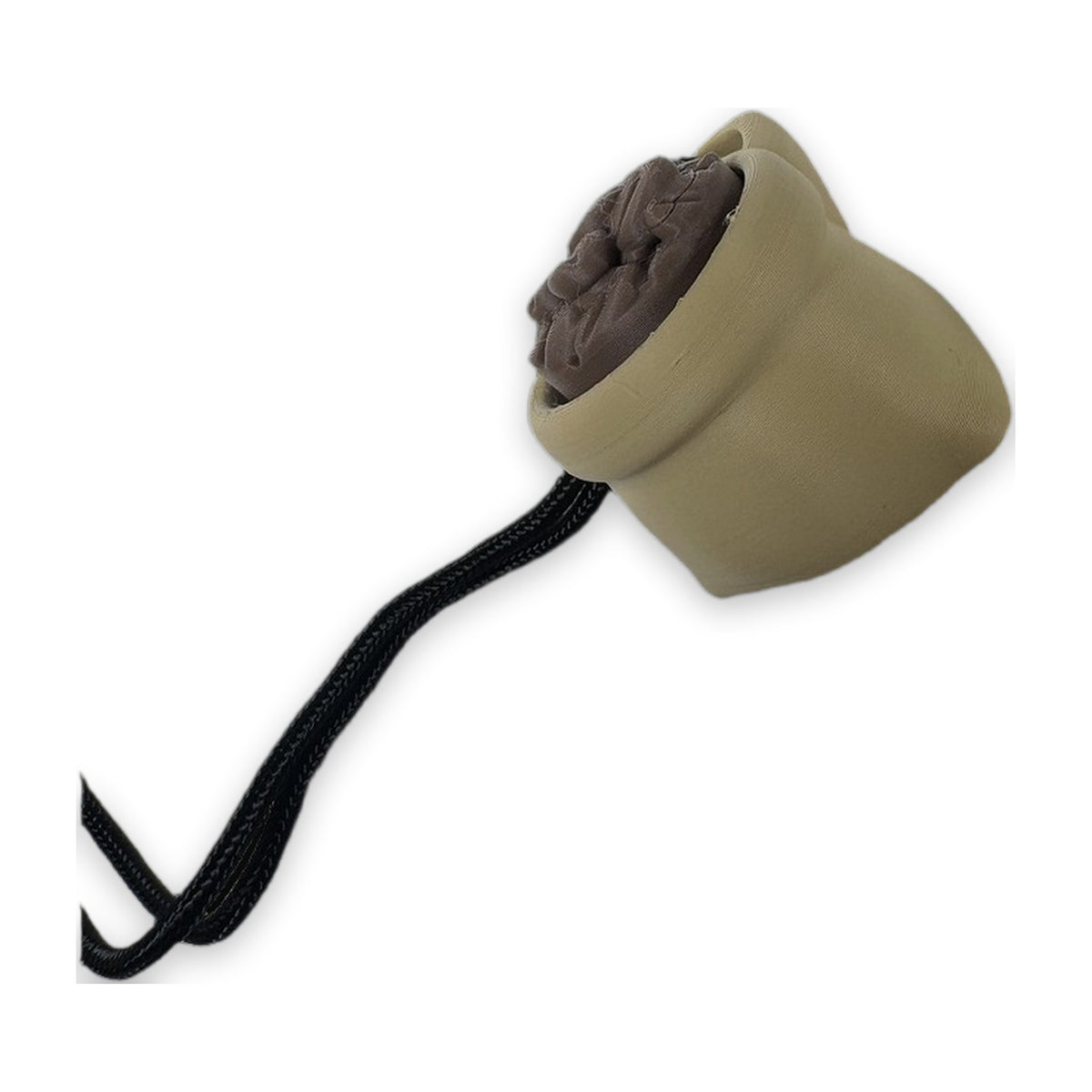 Coffee bean bag clicker hanging from its cord