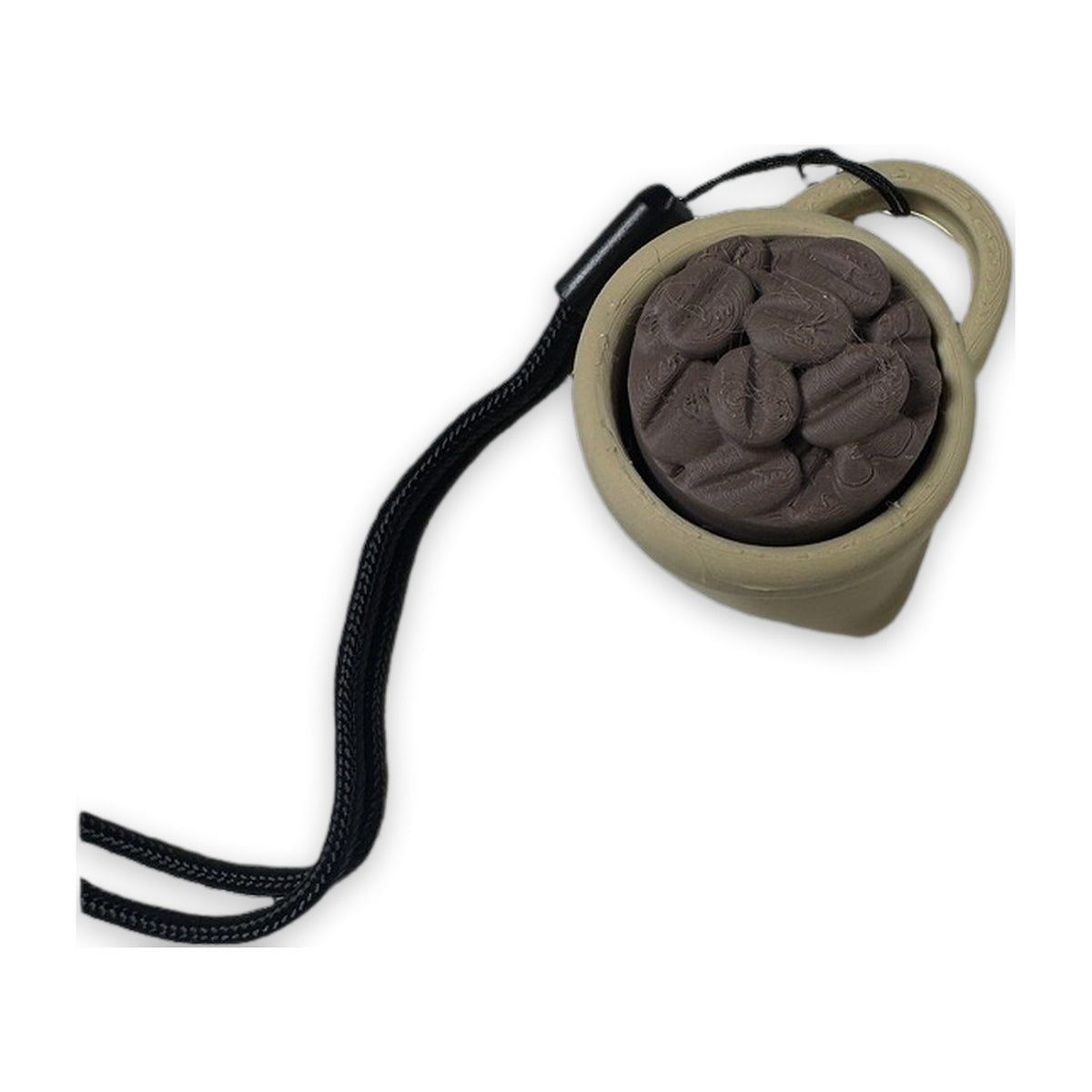 Coffee bean bag clicker on its cord, side view