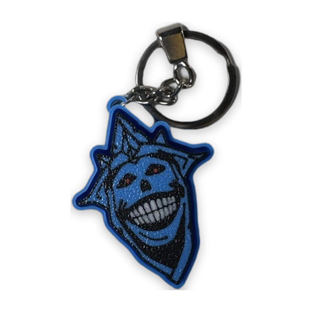Joker face fidget clicker in blue and black with a metal keyring