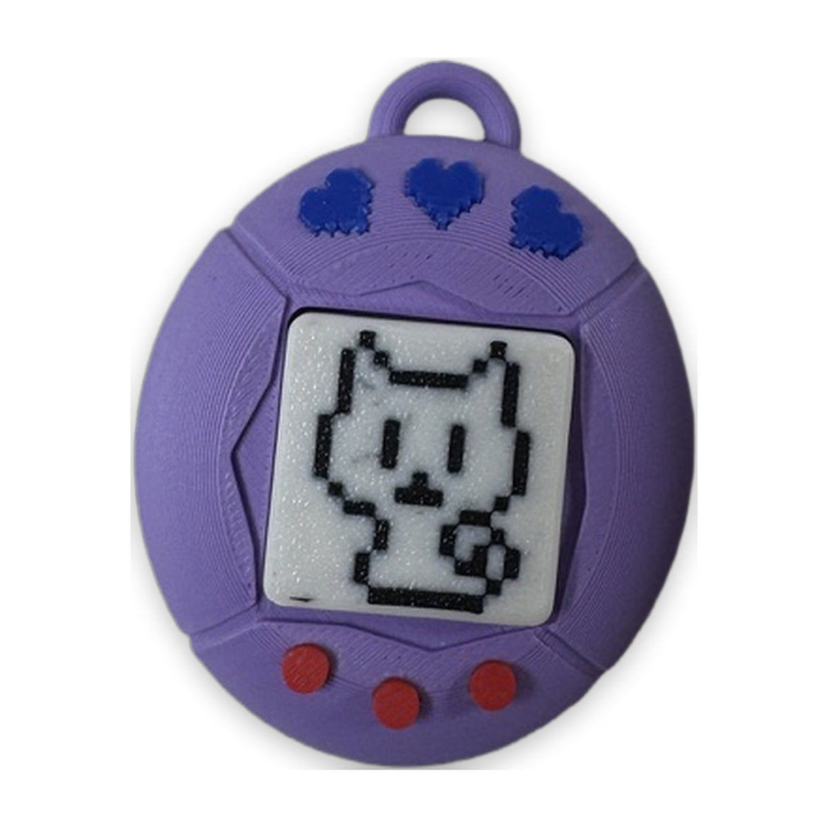 Tamagotchi-style fidget clicker in lilac with a pixel cat screen