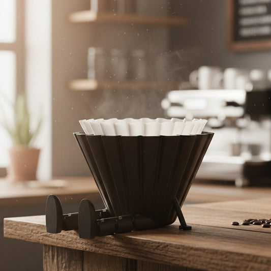 Articulated coffee filter holder on a counter edge, holding Kalita Wave filters