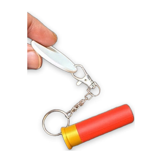 Red and brass shotgun shell keychain with clip