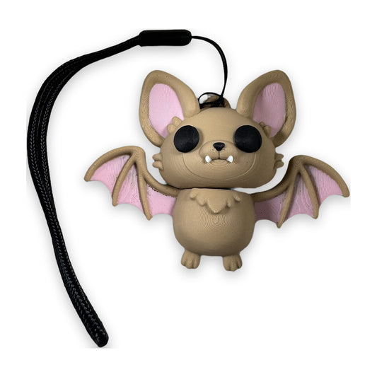 Bat hanger with pink wings on a black wrist lanyard