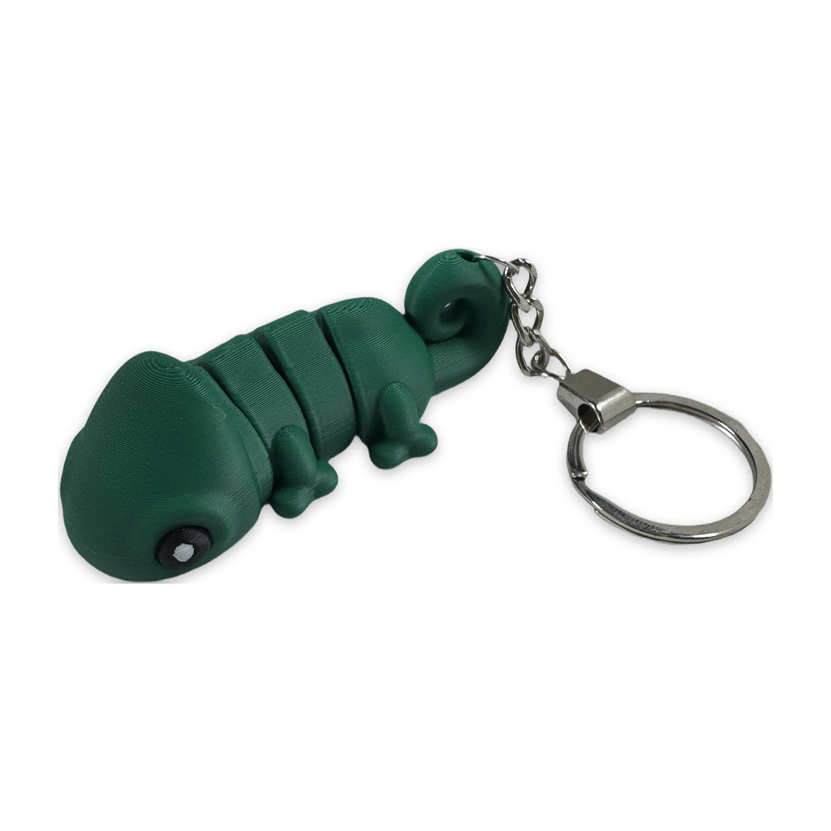 Green articulated chameleon keychain with curled tail