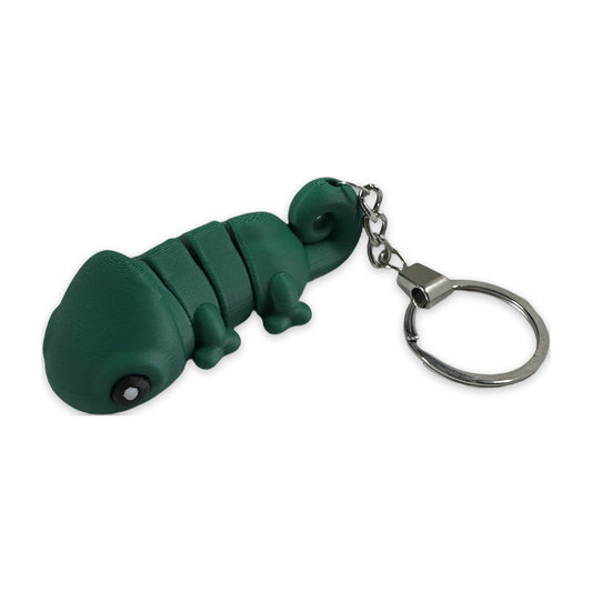 Green articulated chameleon keychain with curled tail