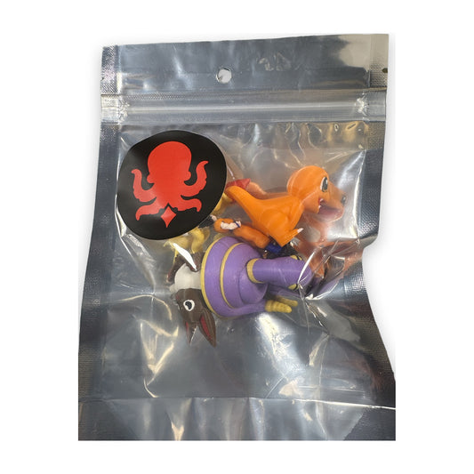 Assorted small printed figures in a Kraken bag