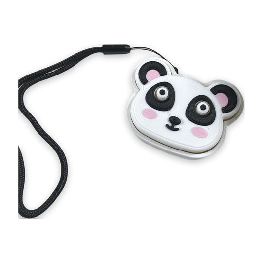Panda face clicker with popping eyes on a lanyard