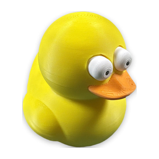 Yellow duck with popping eyes and orange beak