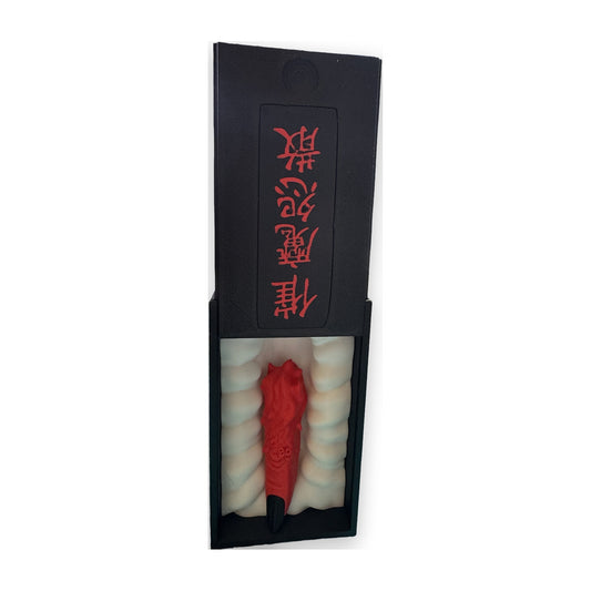 Cursed finger replica in a black sliding box with red kanji lid