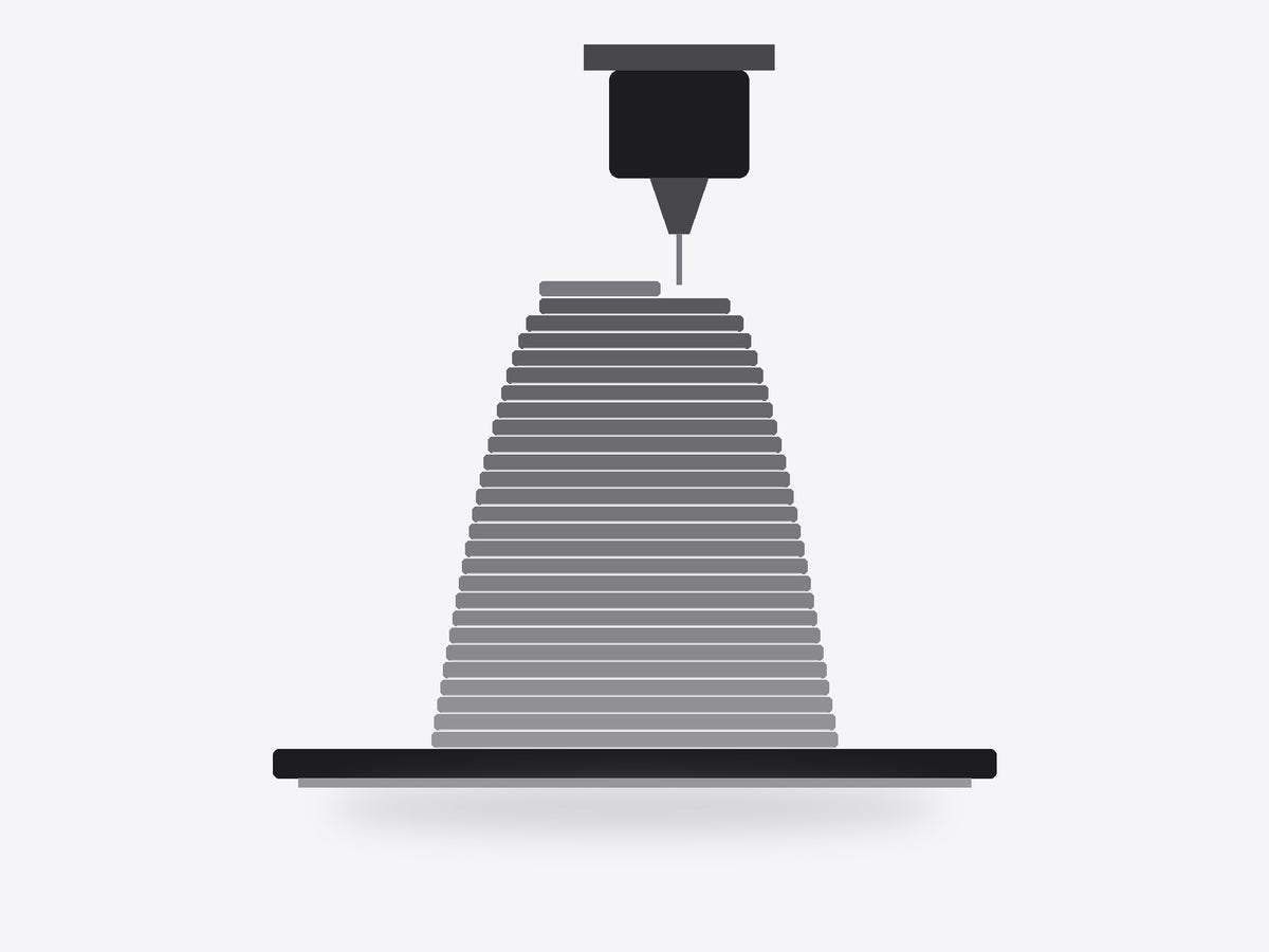 A 3D printer nozzle laying down layers to build a part